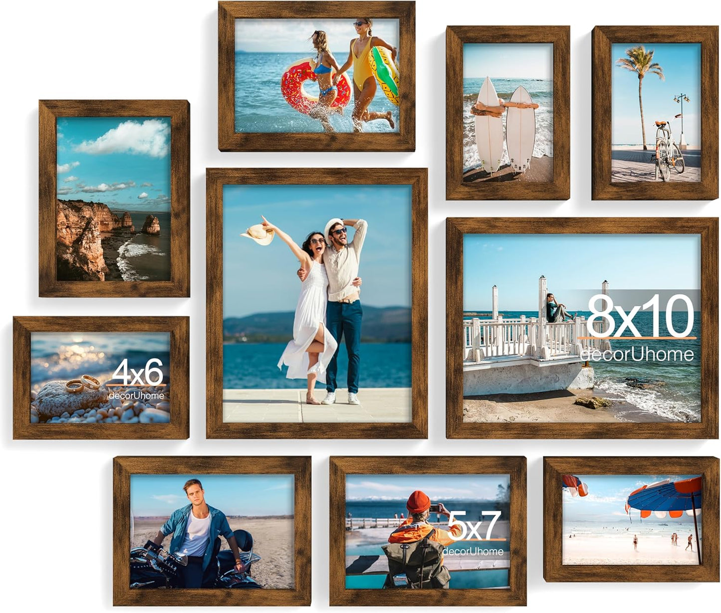 decorUhome Picture Frames Collage Wall Decor for Photo Gallery Display, Assorted Picture Frames set of 10 Including Two 8x10 / Four 5x7 / Four 4x6 for Family Wall Decor, Distressed Brown, 10 Pack