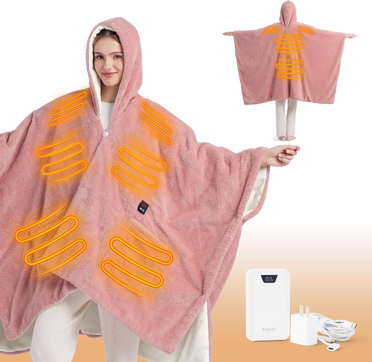 Bedsure Cordless Wearable Heated Blanket - Fluffy Electric Blanket Hoodie with 20000mAh Battery Pack, Portable USB Heated Shawl as Winter Gifts for Women Mom, 4 Heat Levels & 4 Timers, 55"x69", Pink