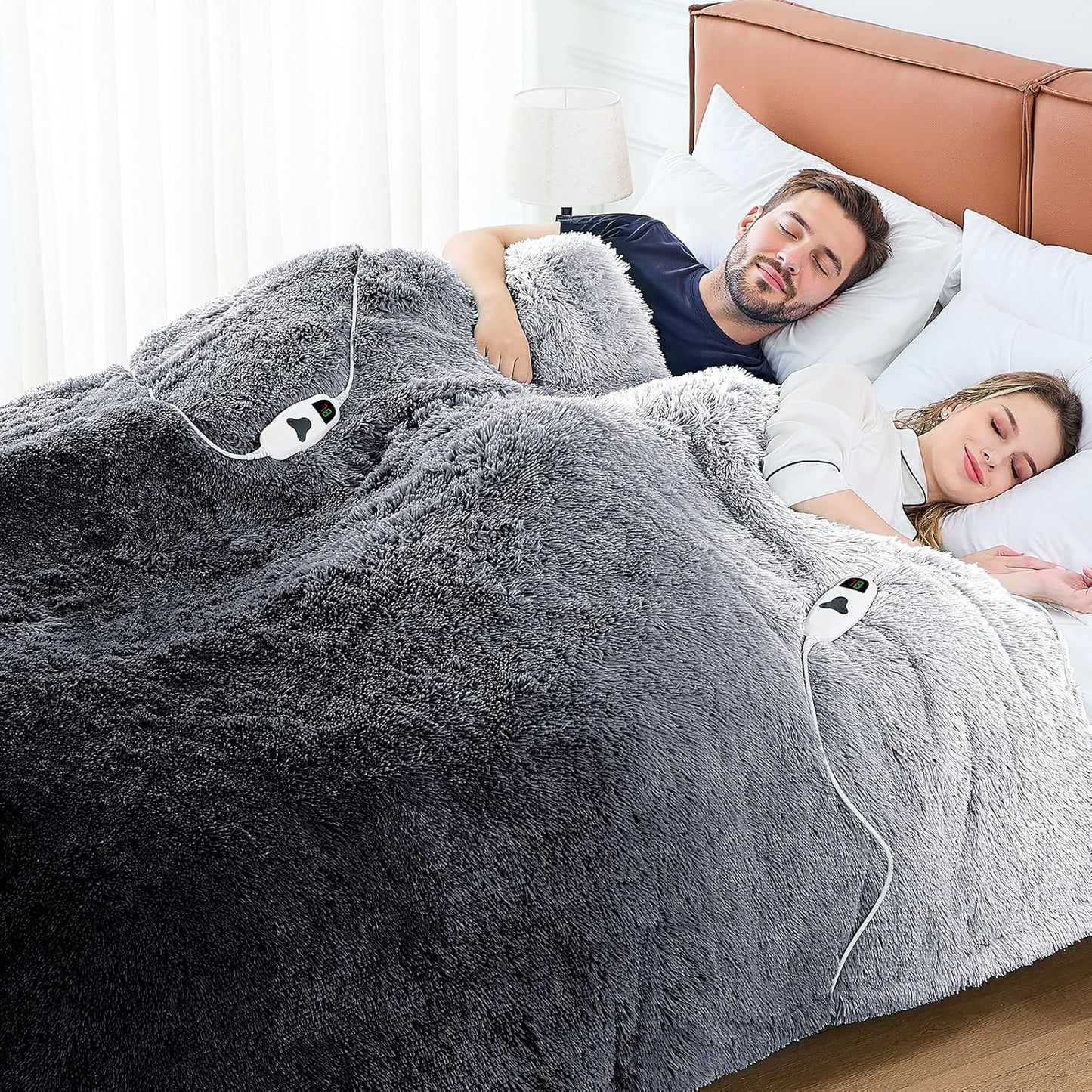 Heated Electric Blanket Queen–Faux Fur with Soft Thick SherpaWarm Winter Birthday Gifts for Women Grandma,Dual Control,10 Heat Settings,5 Time Settings, 84x90, Foggy Dusk