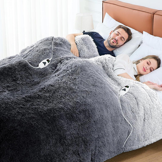 Heated Electric Blanket Queen–Faux Fur with Soft Thick SherpaWarm Winter Birthday Gifts for Women Grandma,Dual Control,10 Heat Settings,5 Time Settings, 84x90, Foggy Dusk