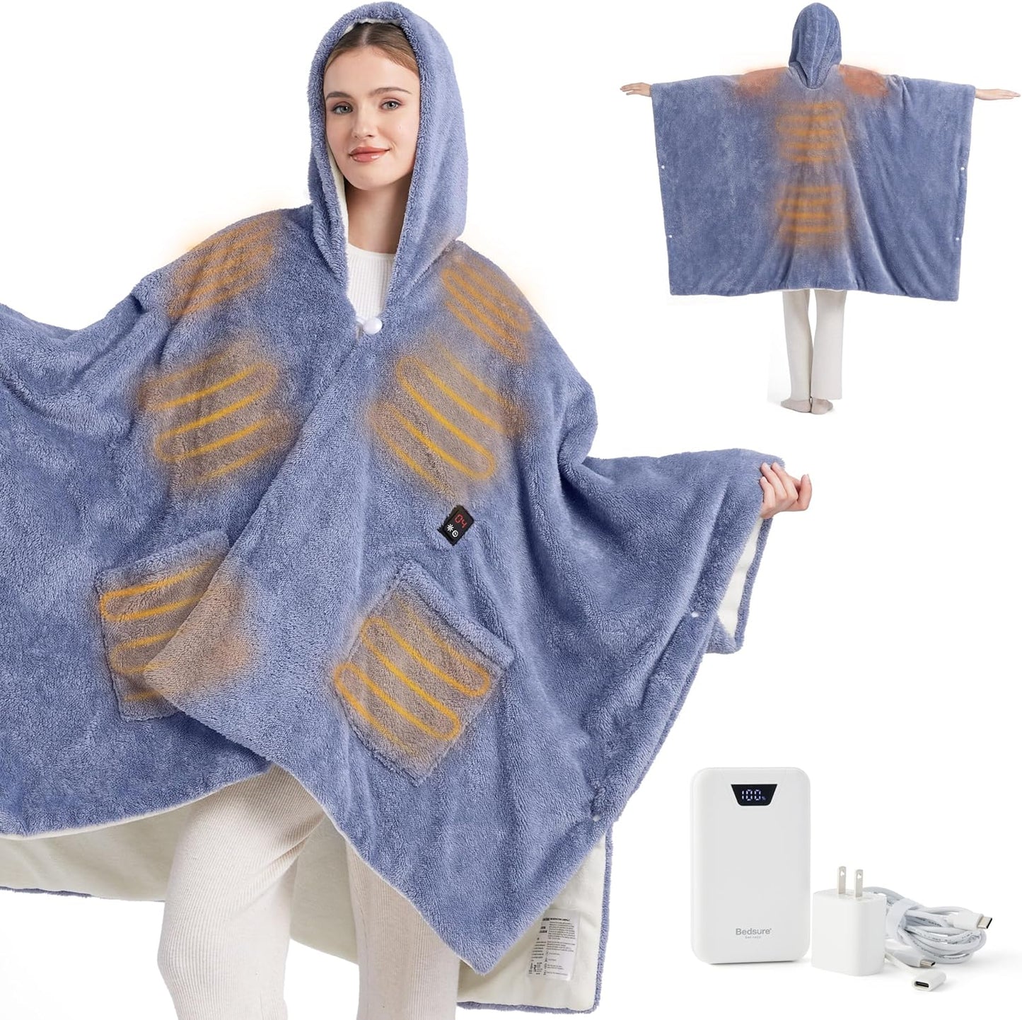 Bedsure Cordless Wearable Heated Blanket - Fluffy Electric Blanket Hoodie with 20000mAh Battery Pack, Portable USB Heated Shawl as Winter Gifts for Women Mom, 4 Heat Levels & 4 Timers, 55"x69", Blue