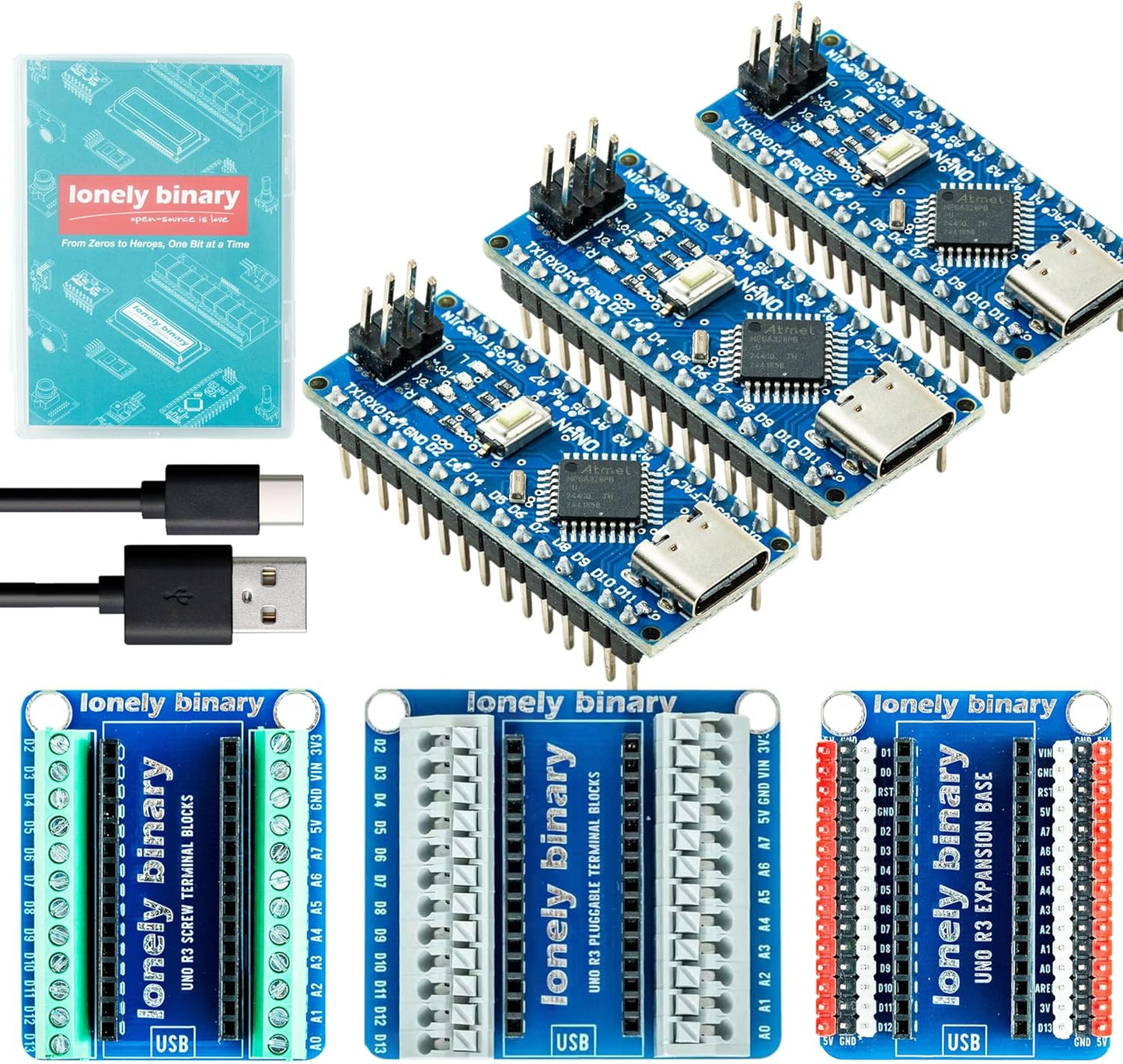 3-Pack Nano V3.0 Development Board Expansion Kit, 3 x Nano V3.0 Type-C & 3X Versatile Expansion Board (Screw, Non-Screw, 2.54mm) Compatible with Arduino IDE Prototyping Projects