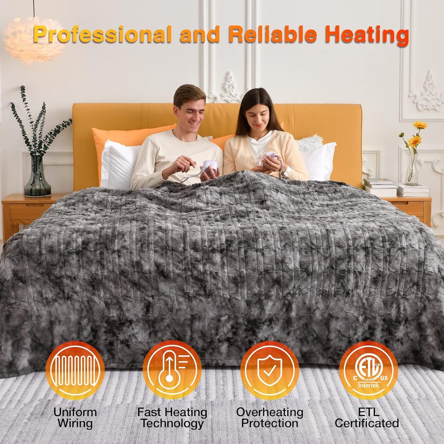 WOOMER Heated Blanket Queen Size 84" x 90", Electric Blanket with 0.5-12 Hours Timer & 10 Heating Levels, ETL Certified, Marble Gray Double-Sided Faux Fur, Machine Washable