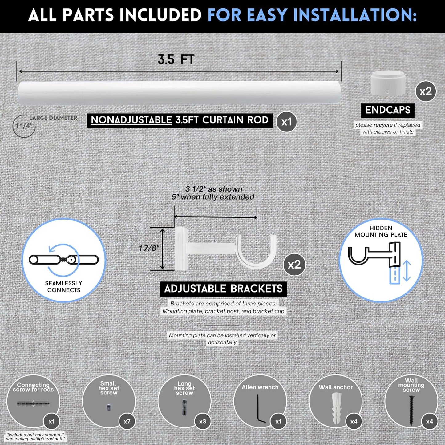 BlastHome® Non-Adjustable Luxury Curtain Rods for Windows, 1 ¼” Rod Set, 3 1/2 foot Fixed Length, Brushed White