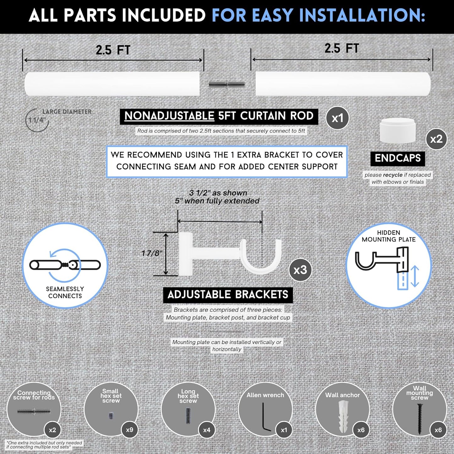 BlastHome® Non-Adjustable Luxury Curtain Rods for Windows, 1 ¼” Rod Set, 5 foot Fixed Length (Two Rods Connect for a Seamless Look), White