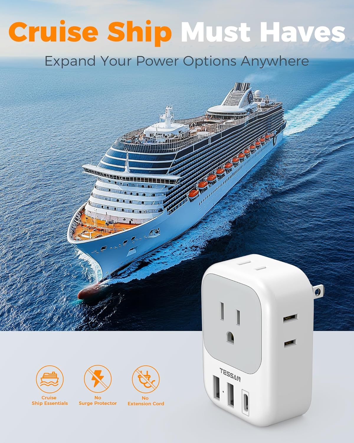 TESSAN 2 Prong to 3 Prong Outlet Adapter 2 Pack, US to Japan Plug Adapter with 4 Outlets 3 USB (1 USB-C), Outlet Adaptor US to Japan China Mexico Philippines Canada Peru Thailand Vietnam