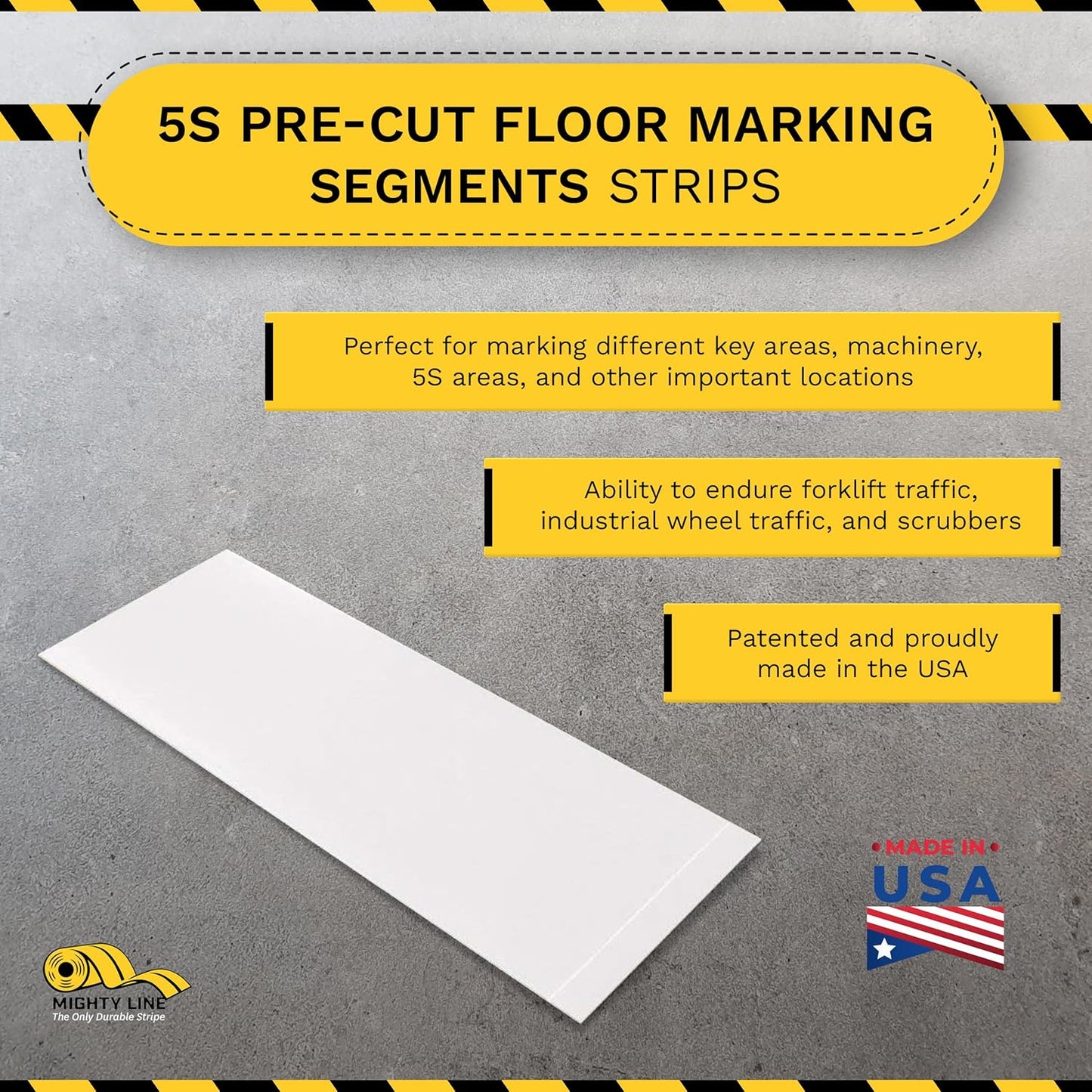 Mighty Line Floor Marking Tape Strips for Safety, Caution, Warning, Heavy-Duty, Peel and Stick, Adhesive, Industrial Quality, White, 3" by 10"