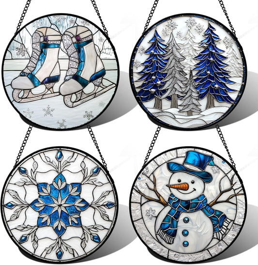Stained Glass Window Hanging 4 Pcs Set White Winter Christmas Snow Scene 6.3" - Suncatcher Door Garden Sun Catcher Decor Birthday for Mom Woman Nana Men Friend Wife