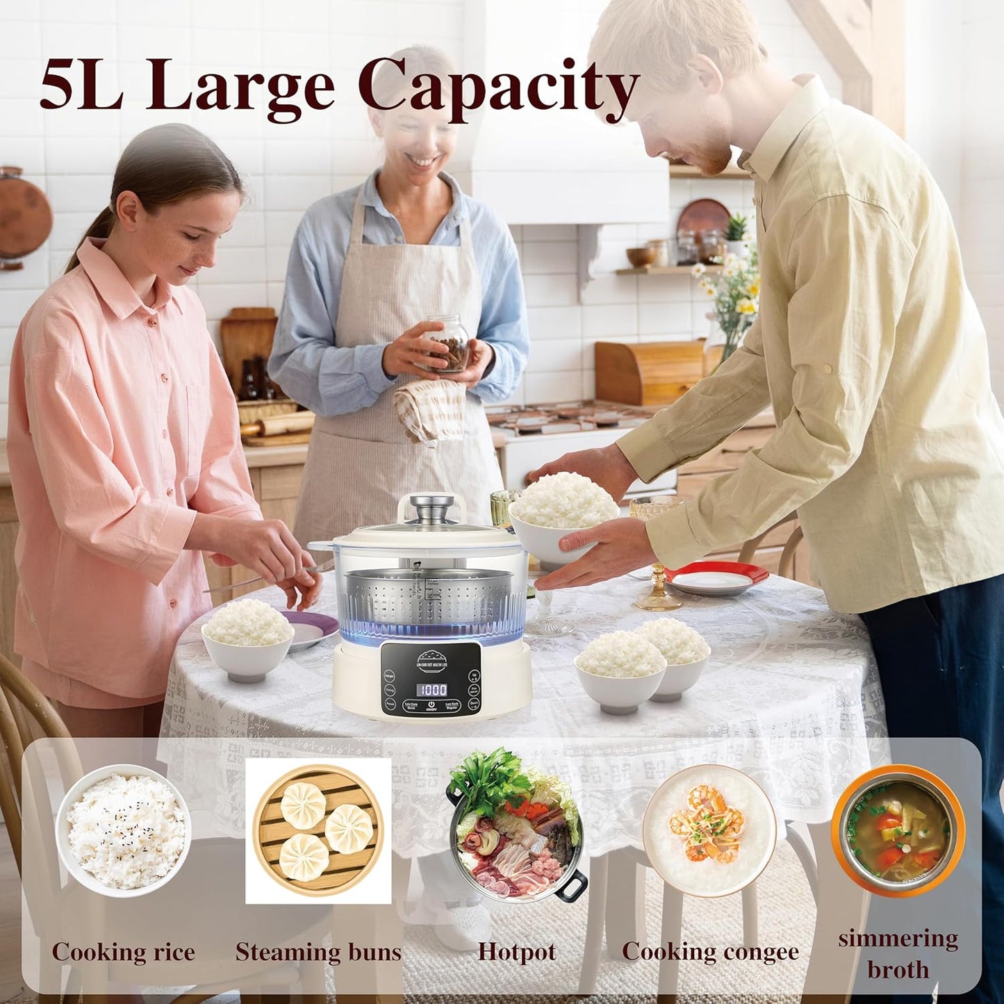 Low Carb Rice Cooker,5L Multifunction Smart Rice Cooker - 4H Keep Warm,Digital Display,Timer & Reservation Function,Suitable for Cooking,Simmering,Stewing,and Steaming(5L,Beige)