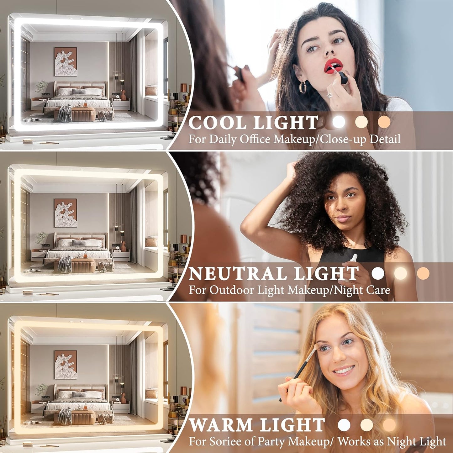 FENNIO Vanity Mirror with Lights 32"x22", Lighted Makeup Mirror, Large Vanity Mirror with Lights, Touch Sensor with 3-Color Lighting, USB Charging Port for Vanity Desk Tabletop