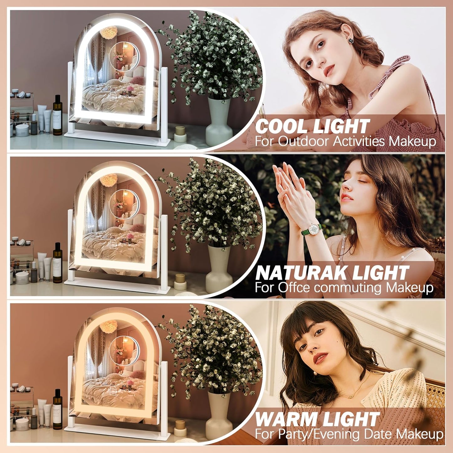 FENNIO Vanity Mirror with Lights 15"x13" Makeup Mirror with Lights, Lighted Makeup Mirror Touch Screen with 3-Color Lighting, 10X Magnification, Dimmable, for Vanity Desk Tabletop(White)