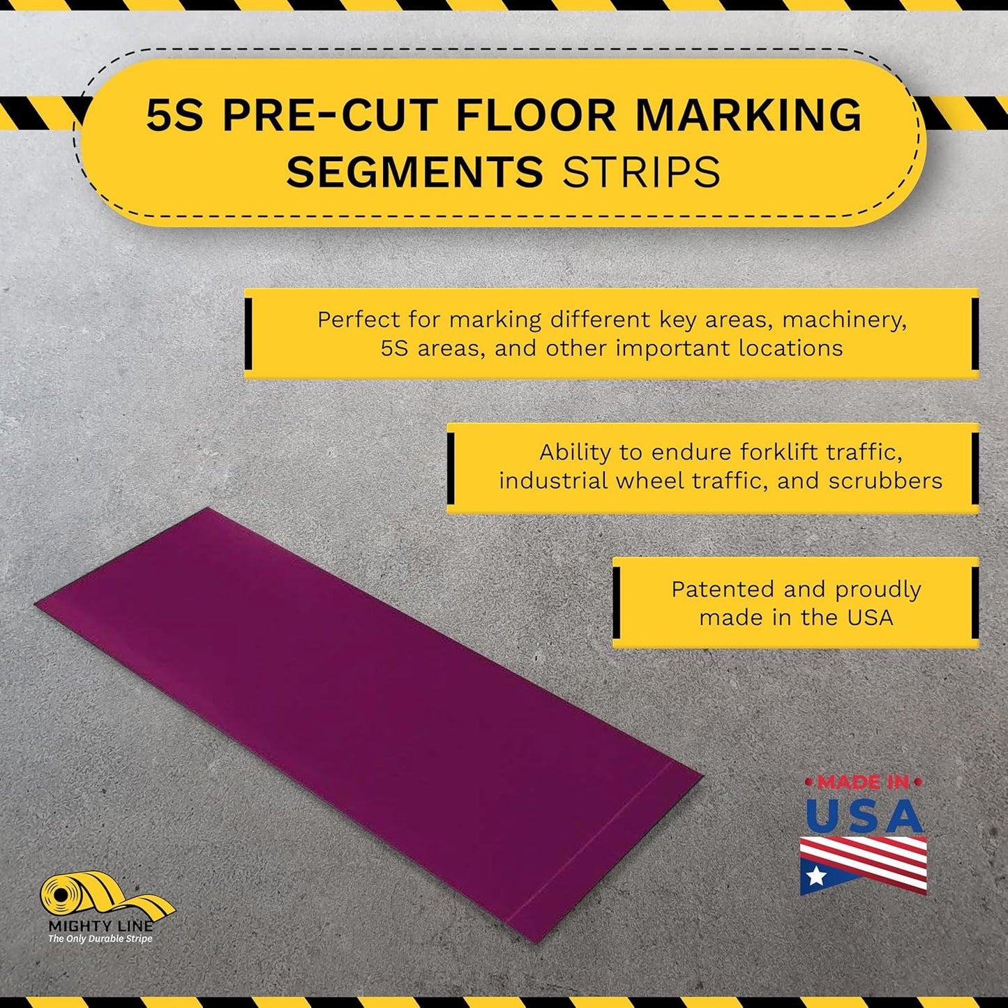 Mighty Line Floor Marking Tape Strips for Safety, Caution, Warning, Heavy-Duty, Peel and Stick, Adhesive, Industrial Quality, Purple, 2" by 10"