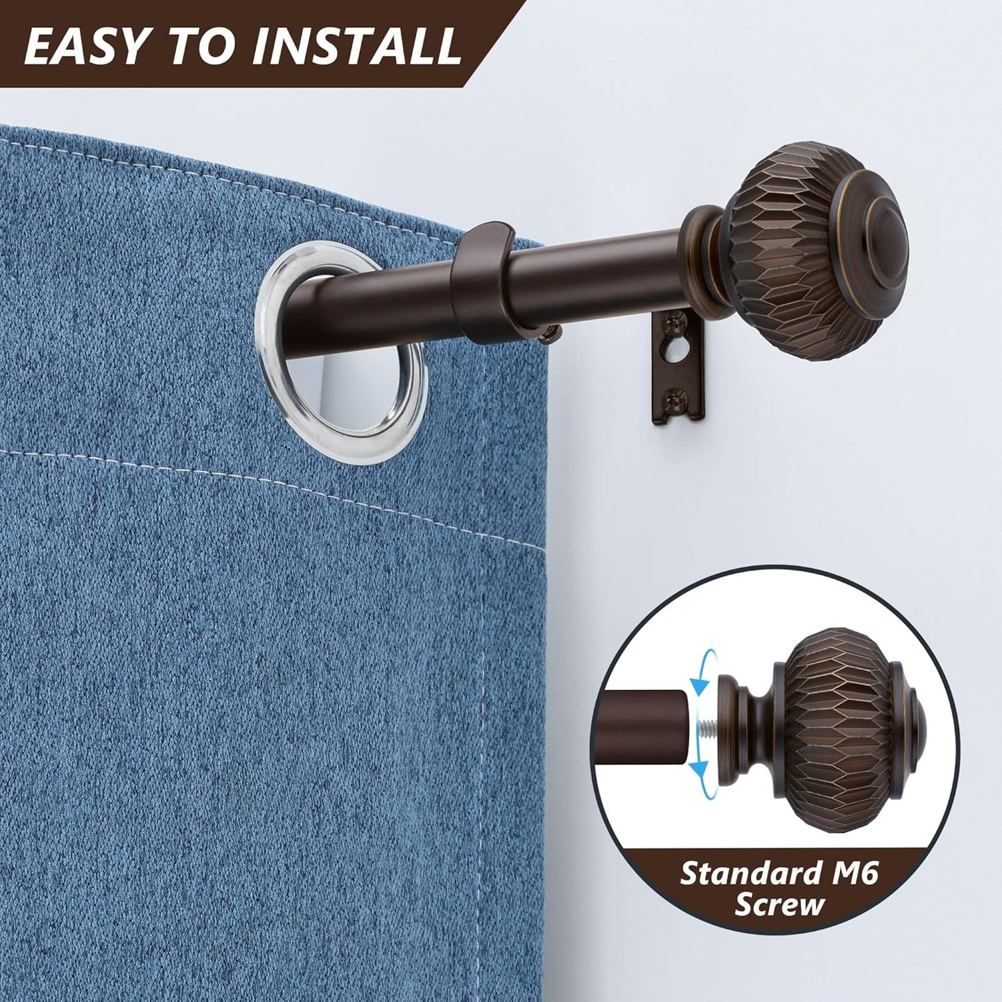 Bronze Curtain Rods for Windows 28 to 48 Inches, 6/8 Inch Adjustable Heavy Duty, Lantern Ball Finials, Window Treatment Single Rod Set