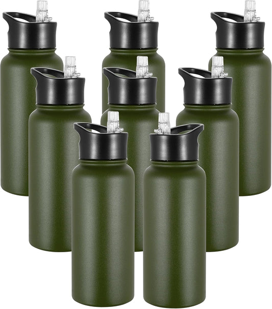 VEGOND 32 oz Insulated Water Bottle Bulk Stainless Steel Metal Water Bottles with Leak Proof Straw Lid & Spout Lid, Wide Mouth Double Walled Vacuum Travel Sports Bottle, 8 Pack