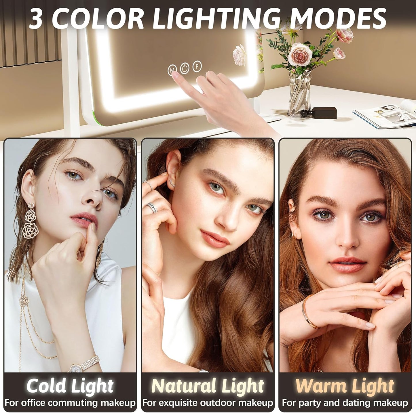 FENNIO Vanity Mirror with Lights 22 Inch- LED Lighted Makeup Mirror,Large Makeup Mirror with Lights,Touch Screen with 3-Color Lighting,Led Mirror Makeup,Dimmable(White)