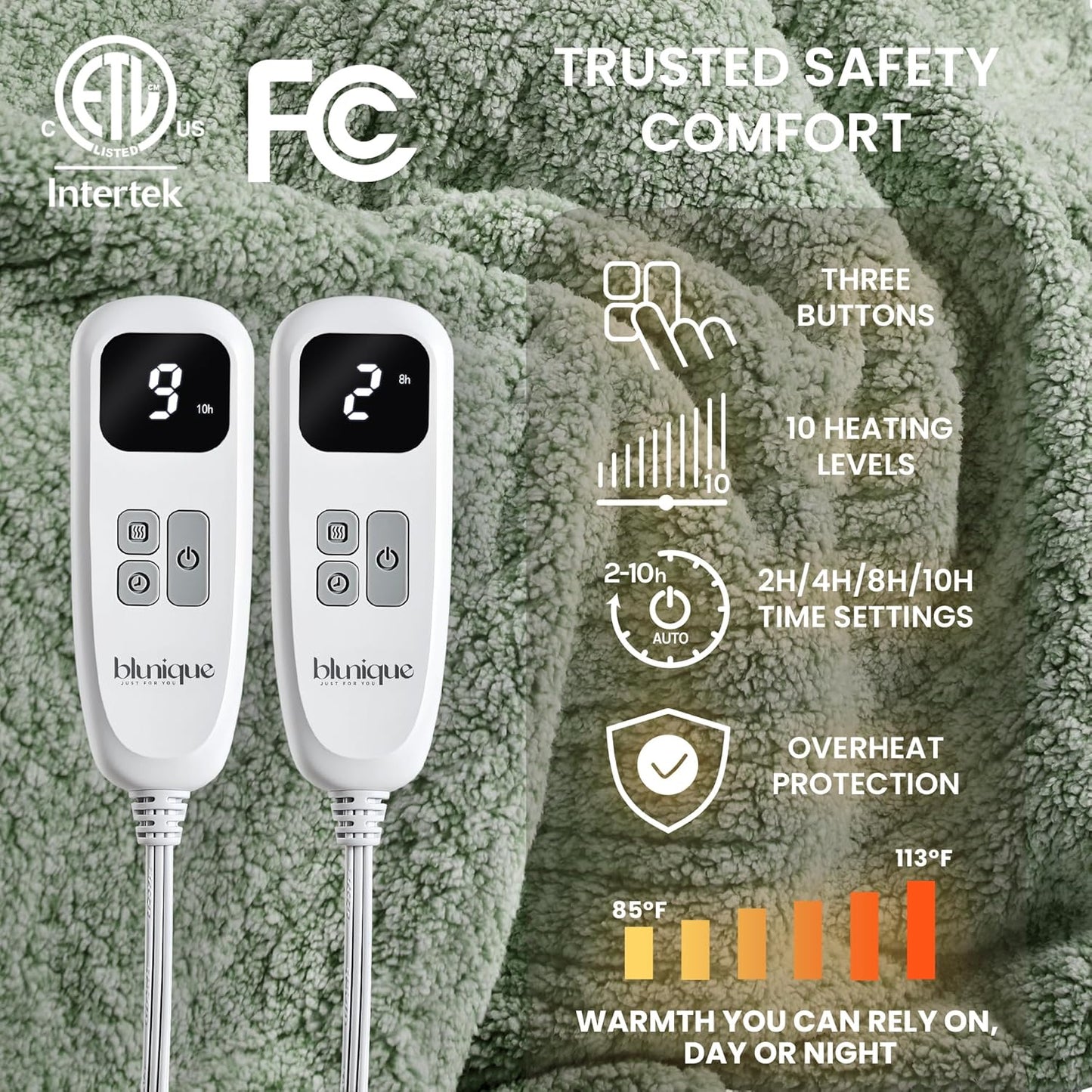 Heated Blanket Electric Blanket Queen - Fast Heating Blanket Throw Dual Control Double Sided Sherpa with 6 Heating Levels & 1-10 Hours Auto Off, Mashine Washable, 84 x 90 Inches, Sage