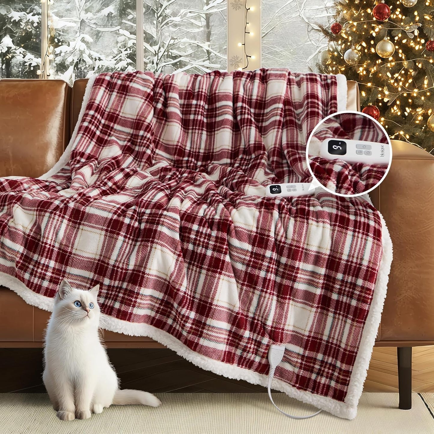 Christmas Heated Blanket Electric Throw 50''x60''Ultra Soft Plaid Flannel Fast Heating Electric Blanket with 10 Heat Levels & 10 Hrs Auto Off, ETL Certified, Keep Warm in Couch Bed Office