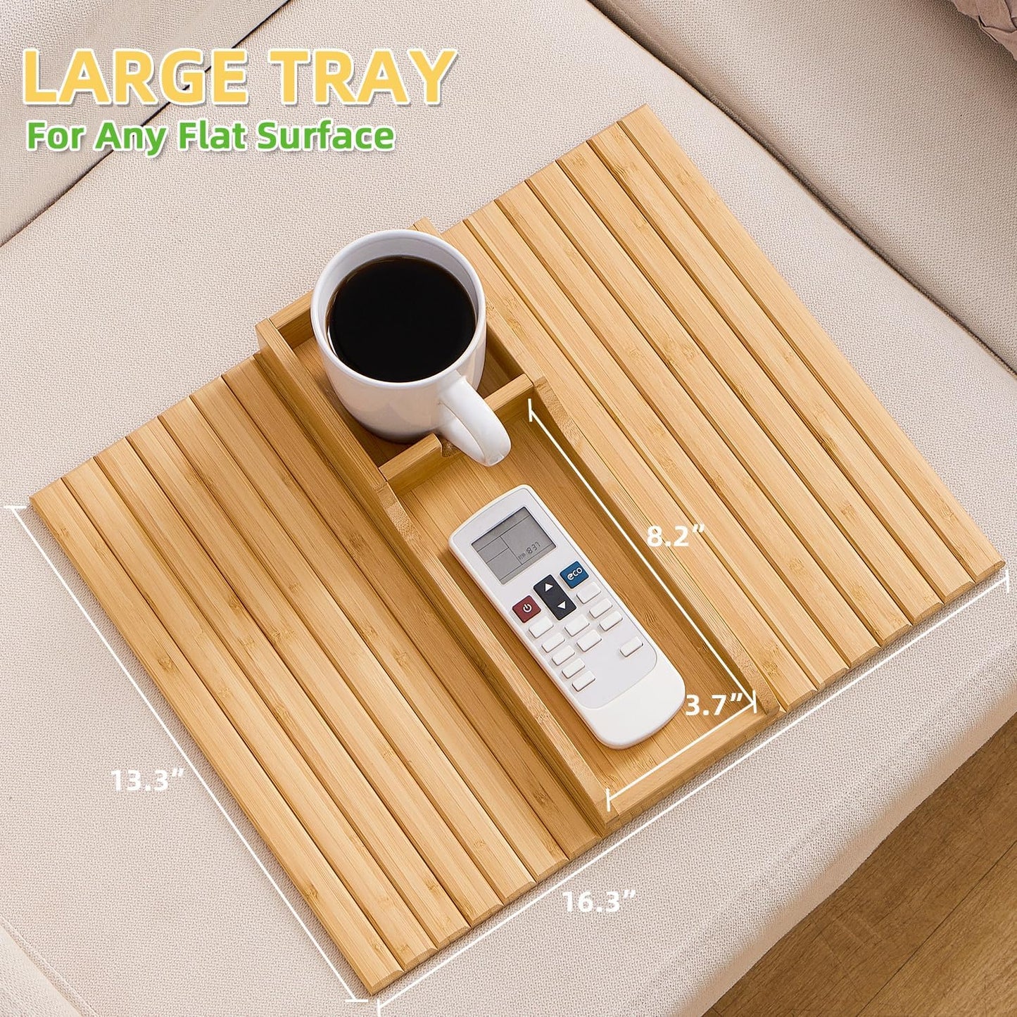 GEHE Couch Cup Holder, Anti Falling Sofa Arm Tray, Natural Bamboo Sofa Cup Holder More Safe for You Family, Portable Couch Arm Tray Armrest Table for Remote, Snacks, Phone, Drinks