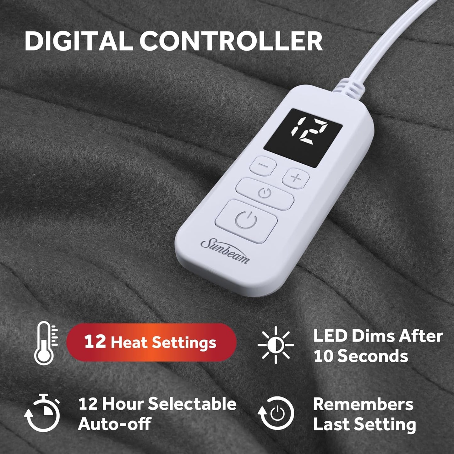 Sunbeam Royal Ultra Fleece Heated Electric Blanket Twin Size, 84" x 62", 12 Heat Settings, 12-Hour Selectable Auto Shut-Off, Fast Heating, Machine Washable, Warm and Cozy, Iron