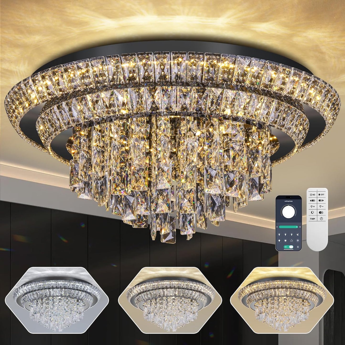24 inch Crystal Black Ceiling-Light Flush Mount with Remote and APP Control, 3CCT Dimmable & Brightness Adjustable, Modern Crystal Raindrop Chandeliers for Bedroom Hallway Dinning Room Living Room