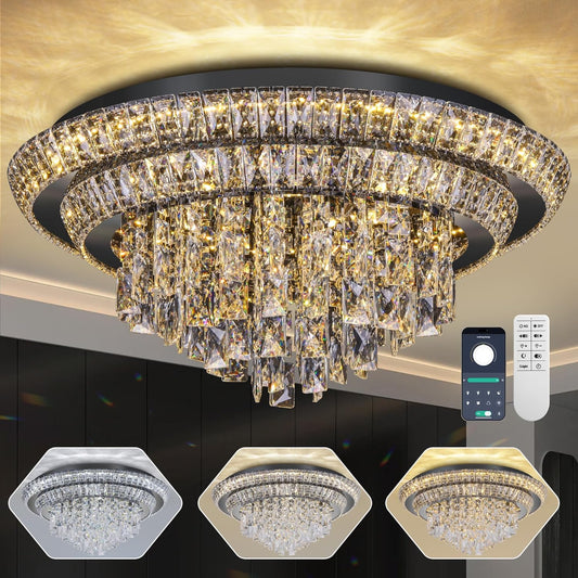 24 inch Crystal Black Ceiling-Light Flush Mount with Remote and APP Control, 3CCT Dimmable & Brightness Adjustable, Modern Crystal Raindrop Chandeliers for Bedroom Hallway Dinning Room Living Room