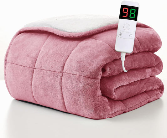 Homemate Heated Weighted Blanket for Adults - 50"x60" 10lbs Electric Throw Fast Heating Heavy Blanket 1/2/4/6/8 Hour Auto Off 10 Heat Levels Over-Heat Protection Soft Flannel Sherpa