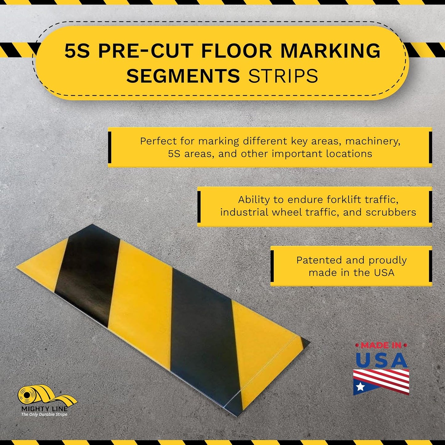 Mighty Line Floor Marking Tape Strips for Safety, Caution, Warning, Heavy-Duty, Peel and Stick, Adhesive, Industrial Quality, Yellow and Black Hazard, 6" by 10"