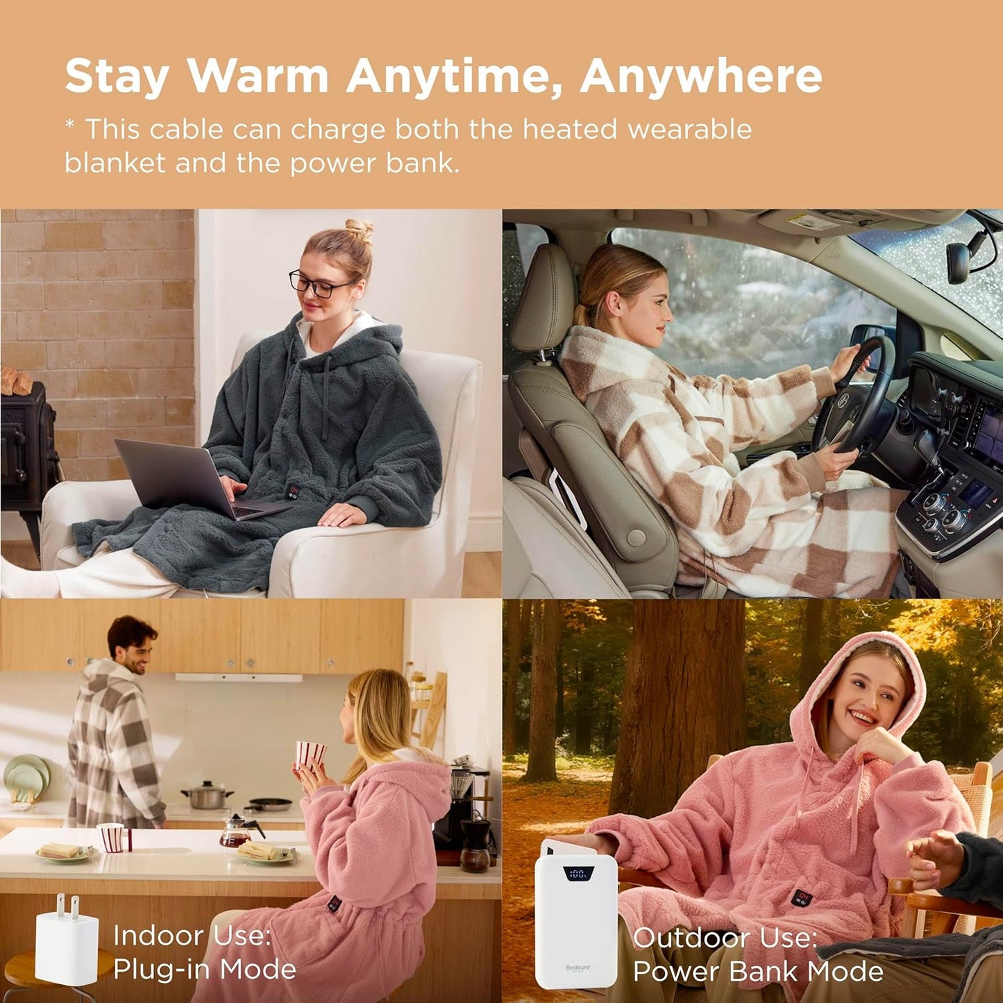 Bedsure Cordless Heated Wearable Blanket Hoodie - Faux Cashmere Electric Blanket with 20000mAh Battery Pack, Portable USB Heated Throw, Gifts for Women, 4 Heat Levels & 4 Timers, 22"x43", Brown Plaid