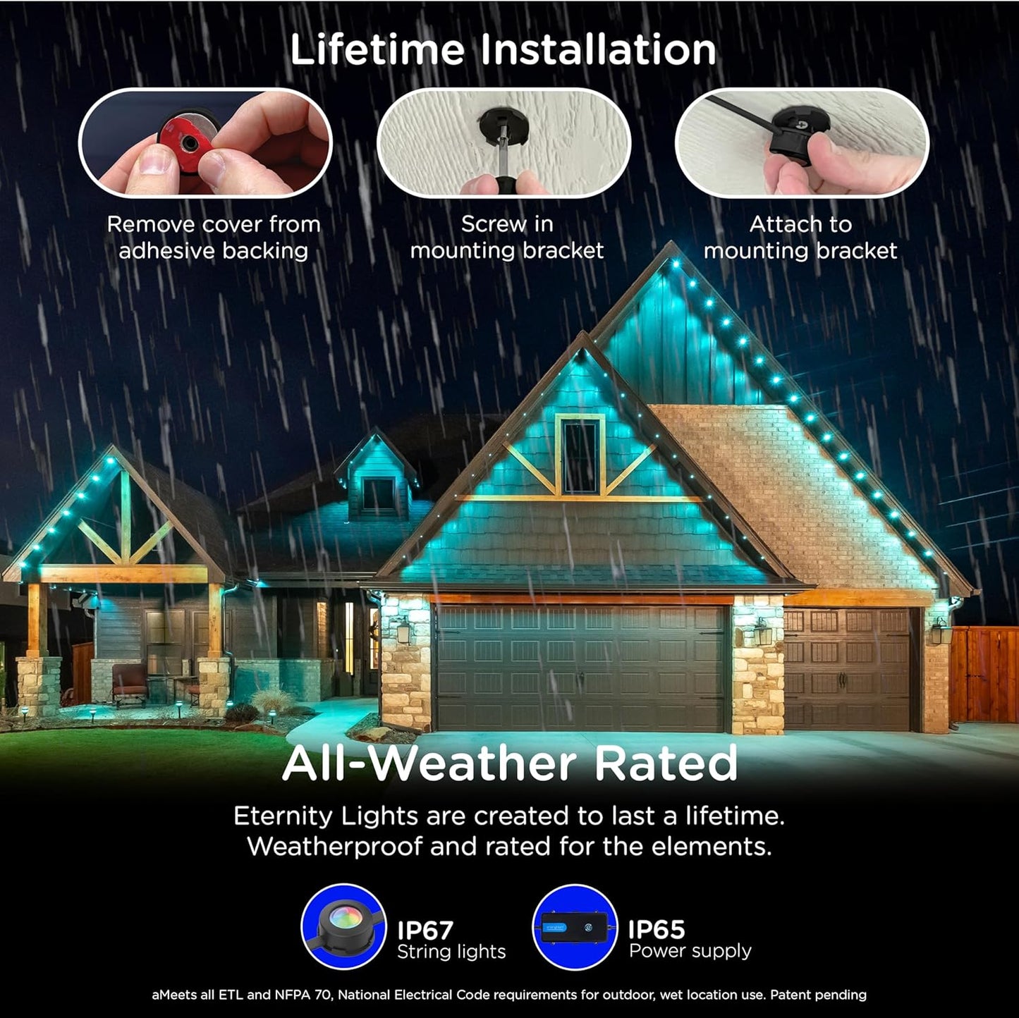 Enbrighten Vibe Eternity Permanent Outdoor Lights for House, 150ft, 108 RGBWIC LEDs, Close Spacing, 33lm, Color Changing, Christmas, Eave Lighting, Smart App, Works with Alexa, Google Home, 85103