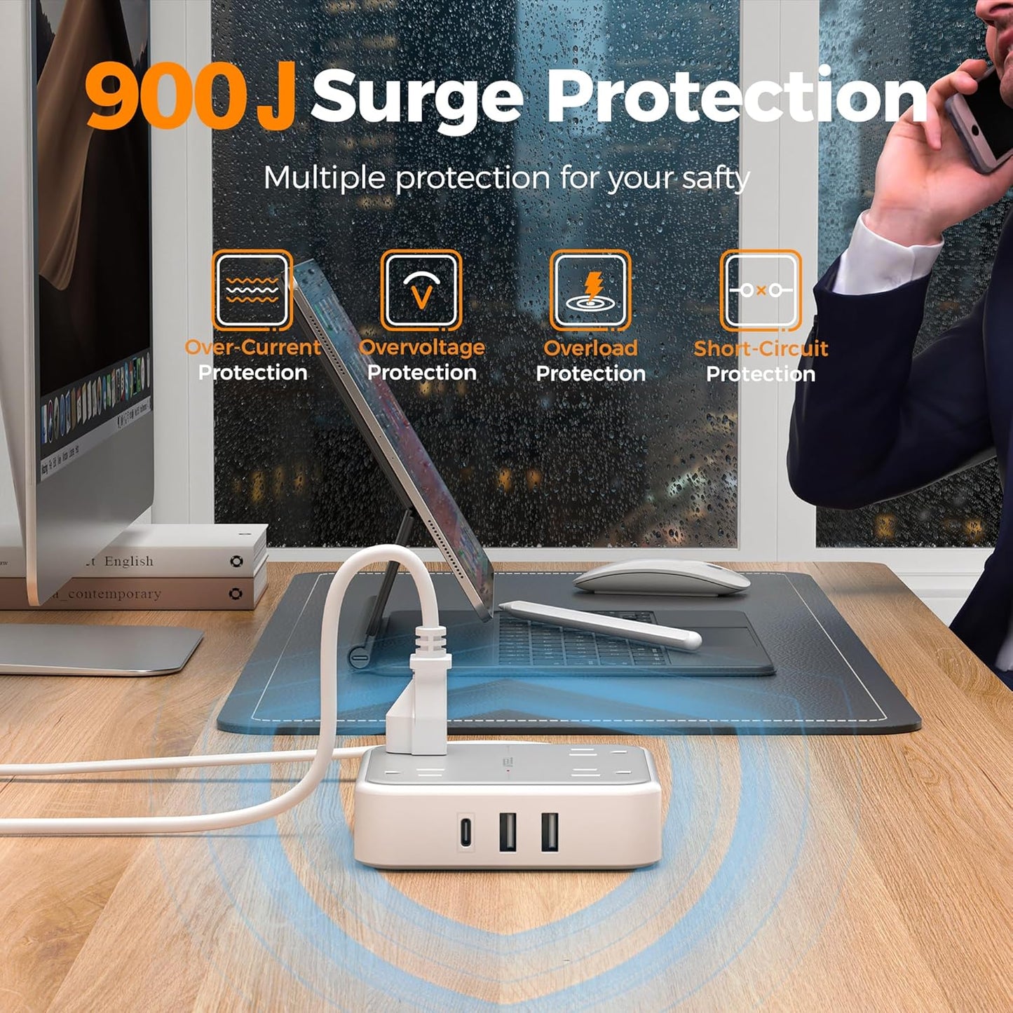 TESSAN Surge Protector Power Strip, 3 Ft Ring Pull Extension Cord with Multiple Outlets, 3 USB (1 USB C) 4 Outlets, 900J Surge Protection, Desktop Charging Station for Home, Office, Dorm Room