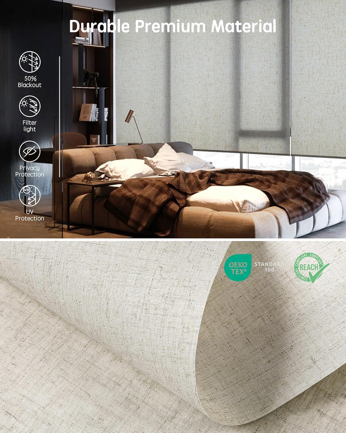 Yoolax Motorized Blinds with Remote, Smart Blinds for Windows Motorized Roller Shades, Automatic Window Shades Compatible with Alexa Custom Size (Light Filtering-Linen Beige)