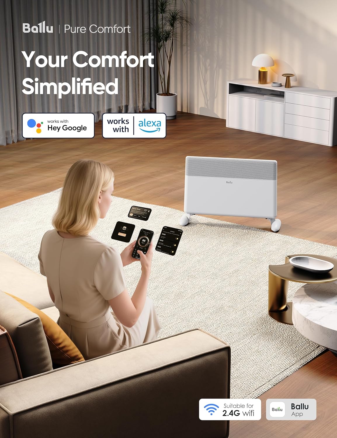 Ballu Convection Panel Space Heater for Large Room,1500W Electric Heater with Programmable Thermostat,WiFi App Control,Standing or Wall Mount,Smart Quiet Heater for Indoor Use,Works with Alexa,White