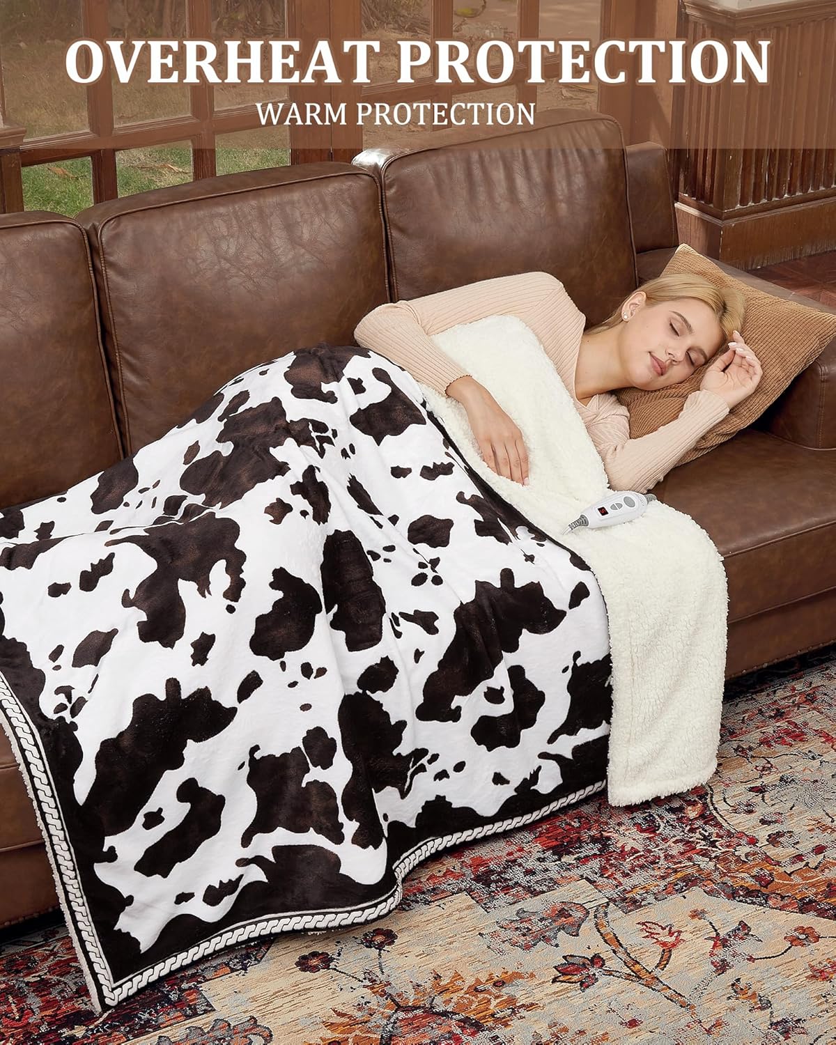 CAROMIO Heated Electric Blanket Throw, Cow Print Fast Heating Throw Blankets with LCD Controller, 6 Heat Levels & 4 Hour Auto Shut Off, ETL Certified, Machine Washable, Cow-Brown, 50" x 60"