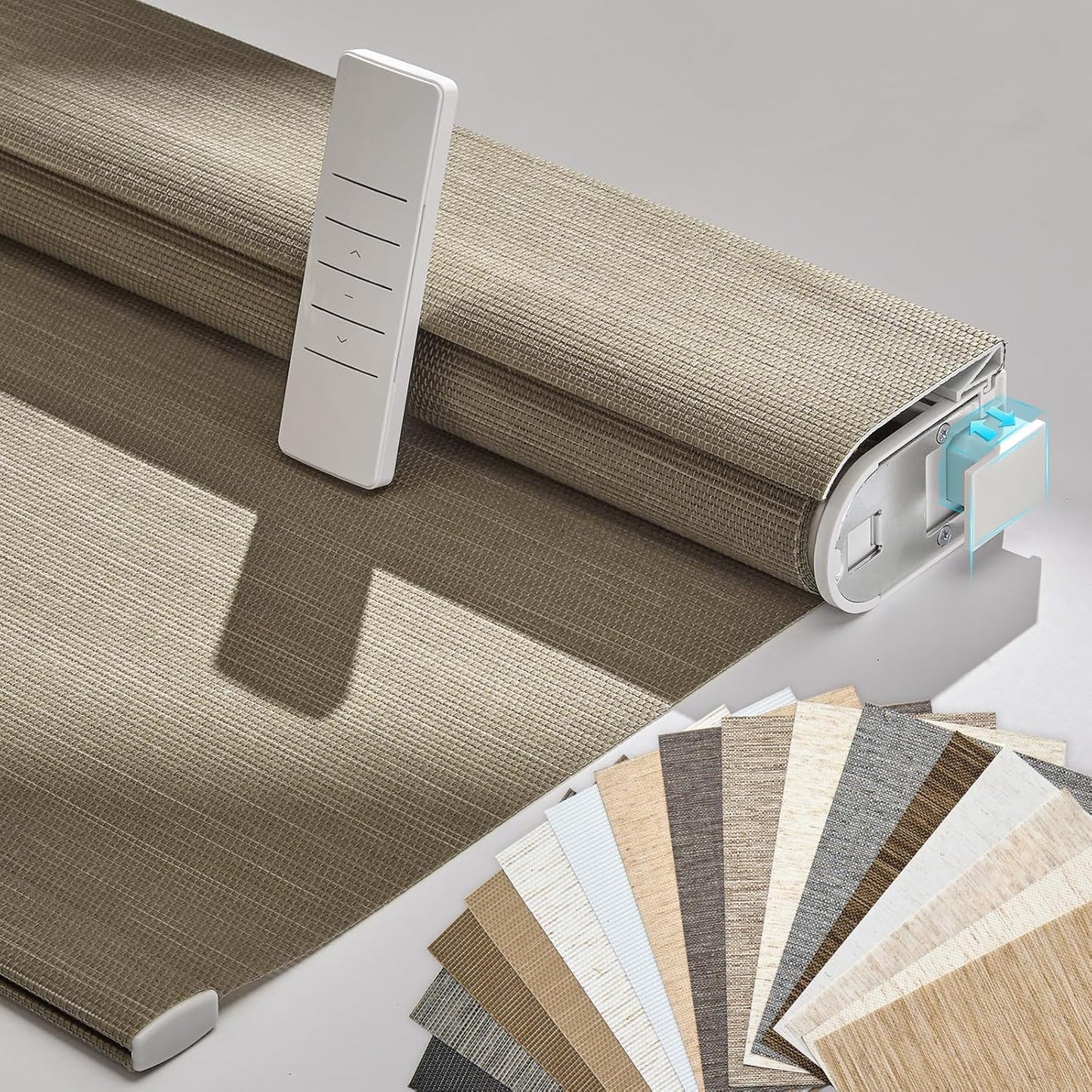 Persilux Smart Motorized Blinds with Remote, No Drill Automatic Roller Shades for Indoor Windows, Light Filtering Linen Fabric, Electric Blinds for Windows, Weave Caribou C162-5, Custom Size