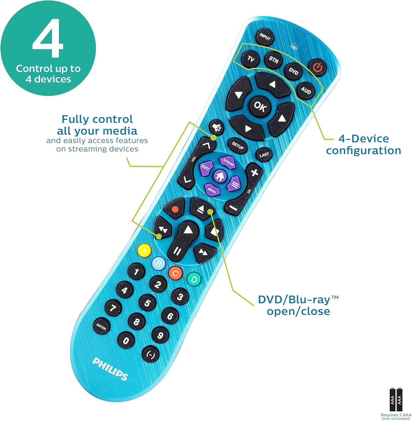 Philips Universal Remote Control, Universal TV Remote Replacement, Samsung TV Remote Control, for Roku Remote Replacement, Vizio, LG, Sony, 4 Device, Blue, SRP4229B/27