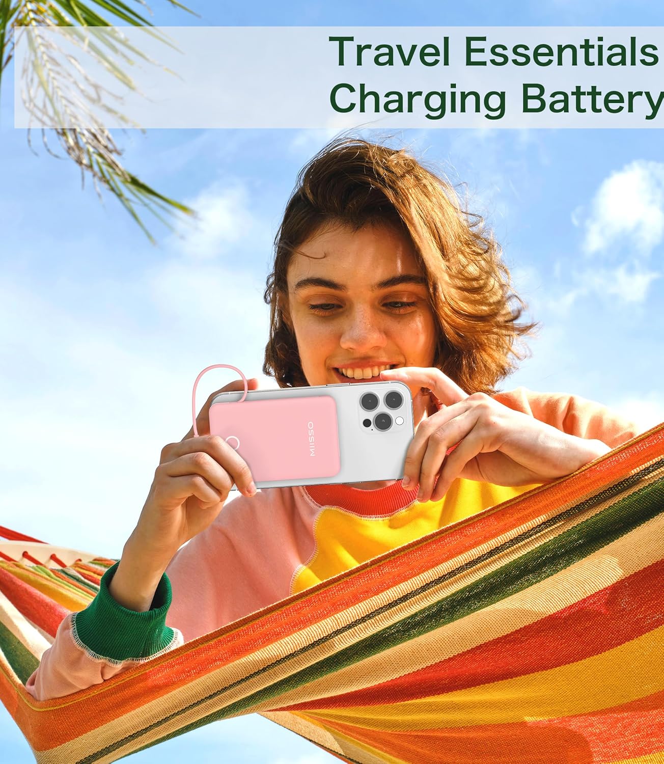 miisso 6000mah Ultra Slim Built in Cables Power Bank, Card Size Built in USB C Cords Battery Pack Portable Charger for Phones, 3 Output External Battery Pack Compatible with iPhone, Pink