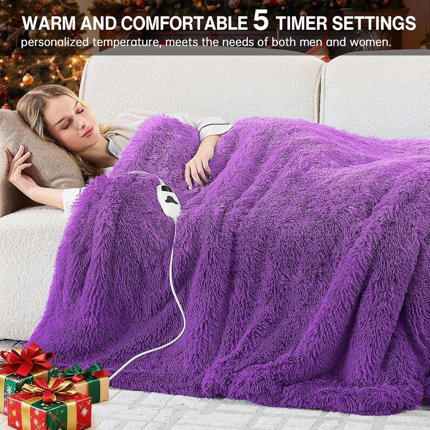 Heated Electric Blanket Throw,Warm Winter Birthday Gifts for Women Her Grandma-Faux Fur with Soft Sherpa,10 Heat Settings,5 Time Settings with Fast Heating, 50x60, Mystic Purple
