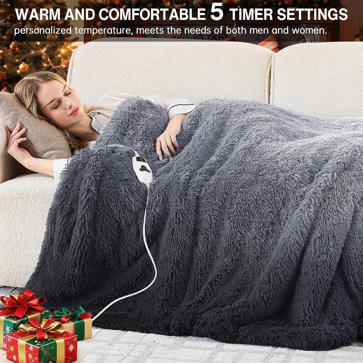 Heated Electric Blanket Throw–Faux Fur with Soft Thick Sherpa,Warm Winter Birthday Gifts for Women Grandma，10 Heat Settings,5 Time Settings with Fast Heating, 50x60, Midnight Black