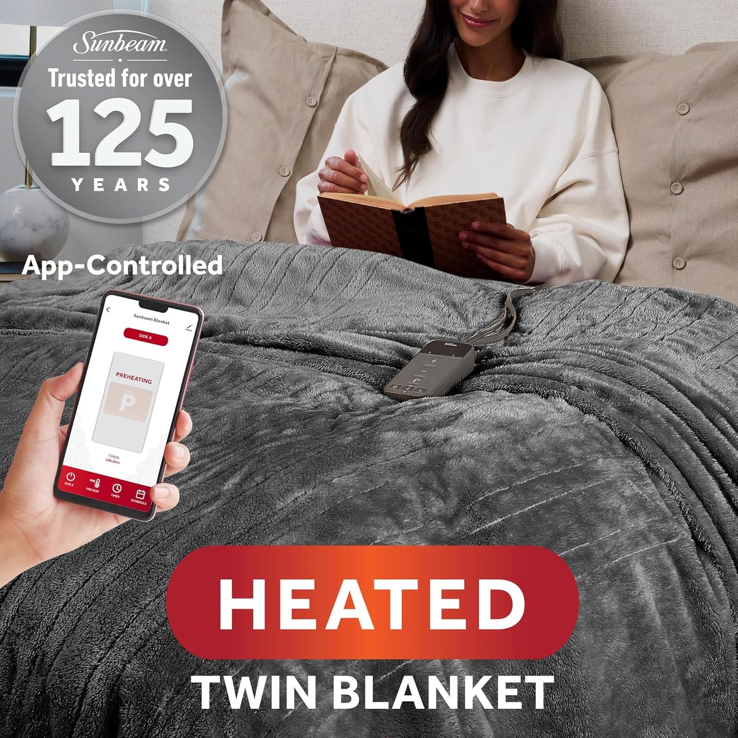 Sunbeam Electric Wi-Fi Connected Loftec Electric Heated Blanket, 10 Heat Settings, 10-Hour Auto Off, Fast Heating, Smart Heating Blanket, Voice & Wired Controller, Night Fog Grey, Twin, 84" x 62"