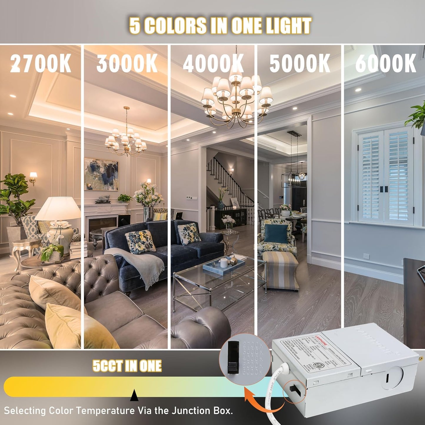 LAMPHOME 24-Pack of 6-Inch Slim LED Recessed Lights with Junction Box, Adjustable Color Temperatures (2700K-5000K), 12W Equivalent to 110W, Dimmable, 1050LM Brightness - ETL and Energy Star Certified