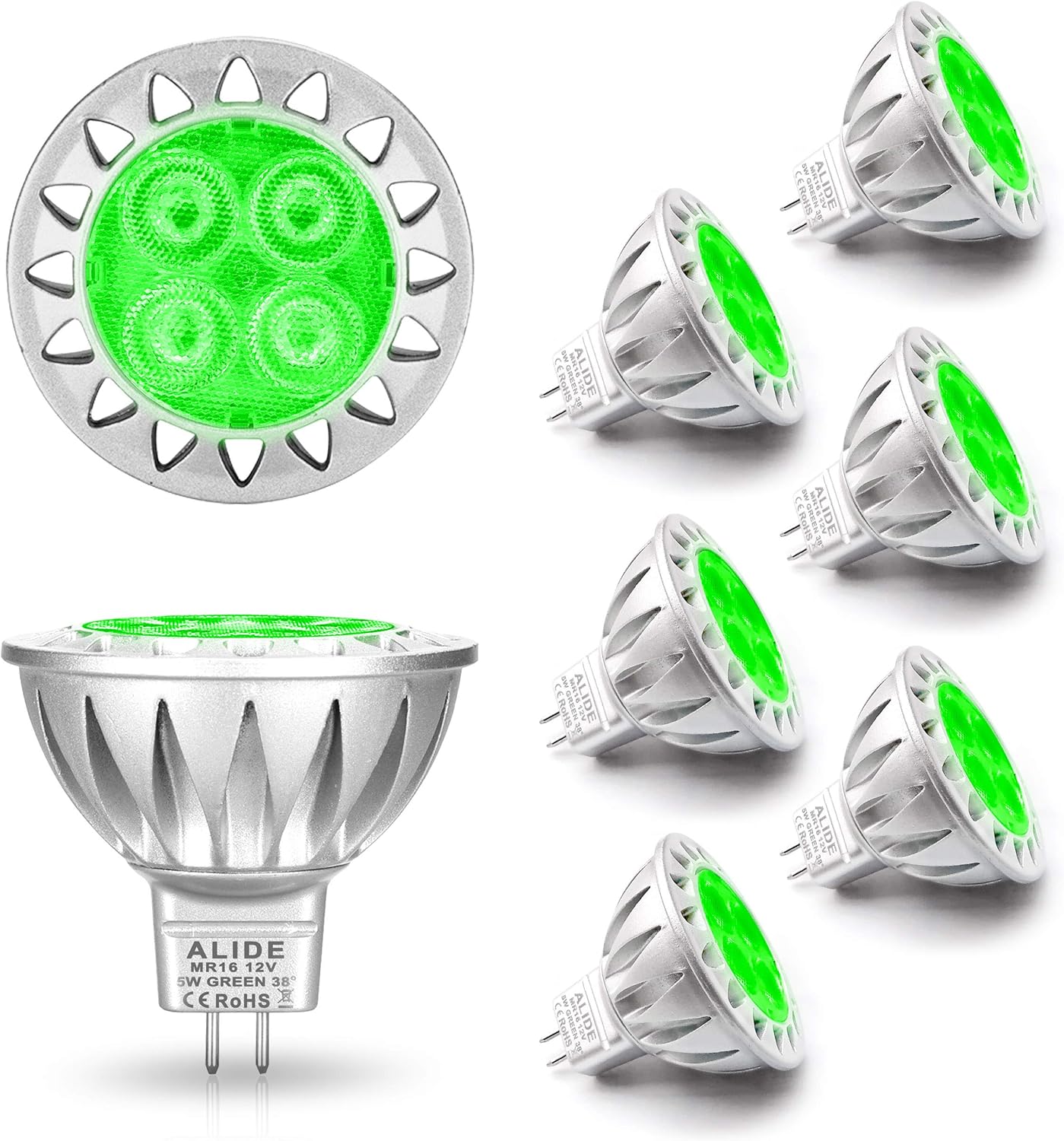 ALIDE MR16 Green Led Bulbs 5W 12V,Replace 20W 35W 50W Halogen,Low Voltage GU5.3 MR16 Led Green Bulb for Halloween Christmas Outdoor Landscape Yard Tree Lighting,Not Dimmable,38 Deg,6 Pack