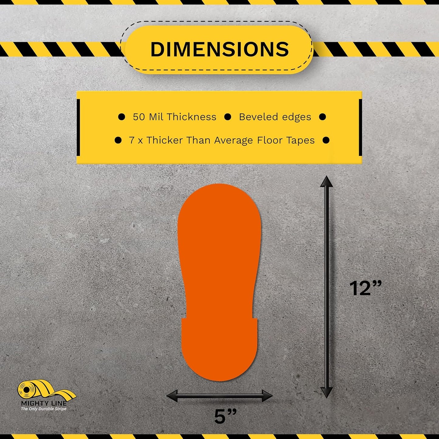 Mighty Line Big Footprints Floor Marking Tape for Safety, Caution, Warning, Heavy-Duty, Peel and Stick, Adhesive, Industrial Quality, 12" Long x 5" Wide, Orange, Pack of 50