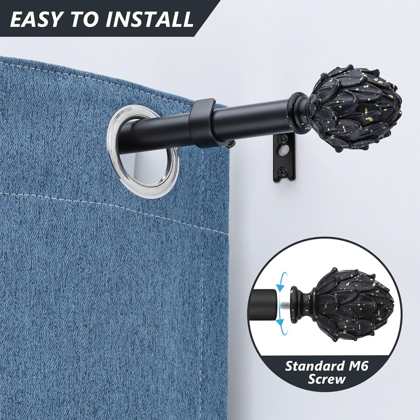 Curtain Rods for Windows 66 to 120 Inches 1 Inch Diameter Adjustable Drapery Rod Decorative Single Window Curtain Rods with Classic Finials,Black