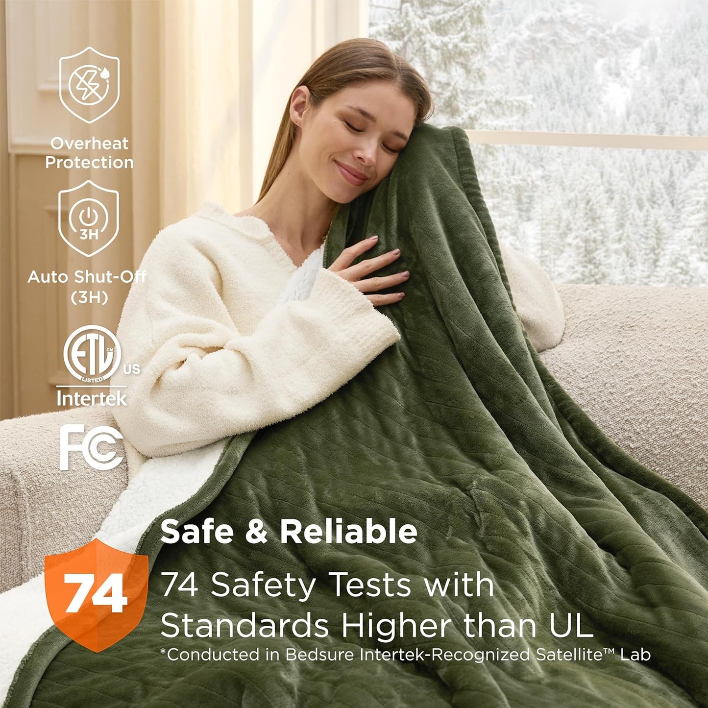 Bedsure Heated Blanket Throw Blanket - Fast Heating Electric Blanket, Soft Flannel Heated Throw with 4 Time Settings, 6 Heating Settings, Warm Gifts for Grandma (50x60 inches, Olive Green)