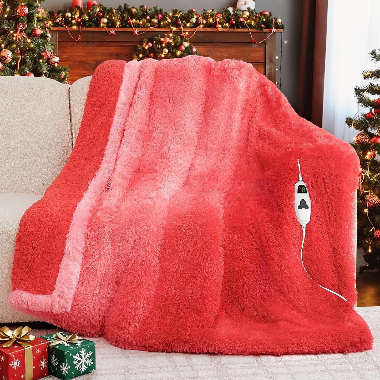 Heated Electric Blanket Throw,Warm Winter Birthday Gifts for Women Her Grandma-Faux Fur with Soft Sherpa,10 Heat Settings,5 Time Settings with Fast Heating, 50x60, Ruby Wine