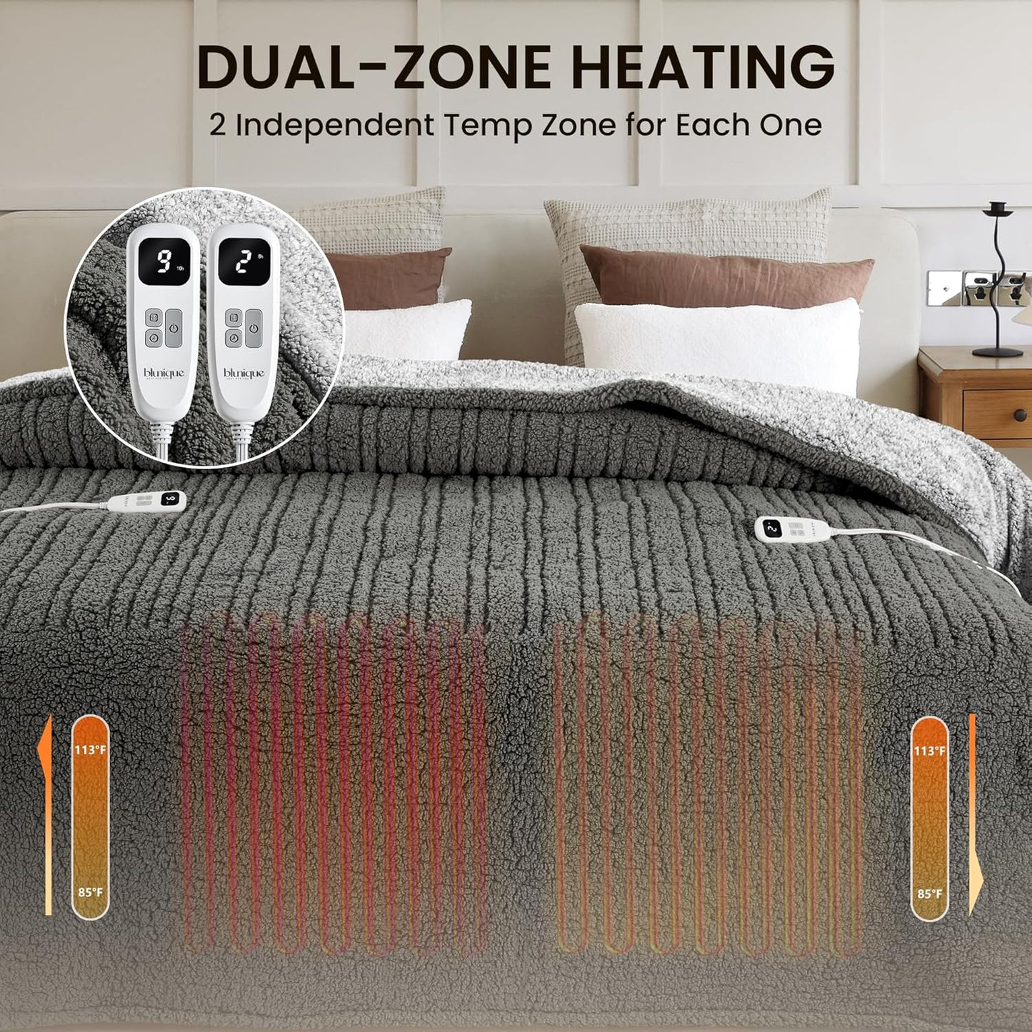 Heated Blanket Electric Blanket King - Fast Heating Blanket Throw Dual Control Double Sided Sherpa with 10 Heating Levels & 2-10 Hours Auto Off, Mashine Washable, 90 x 100 Inches, Grey