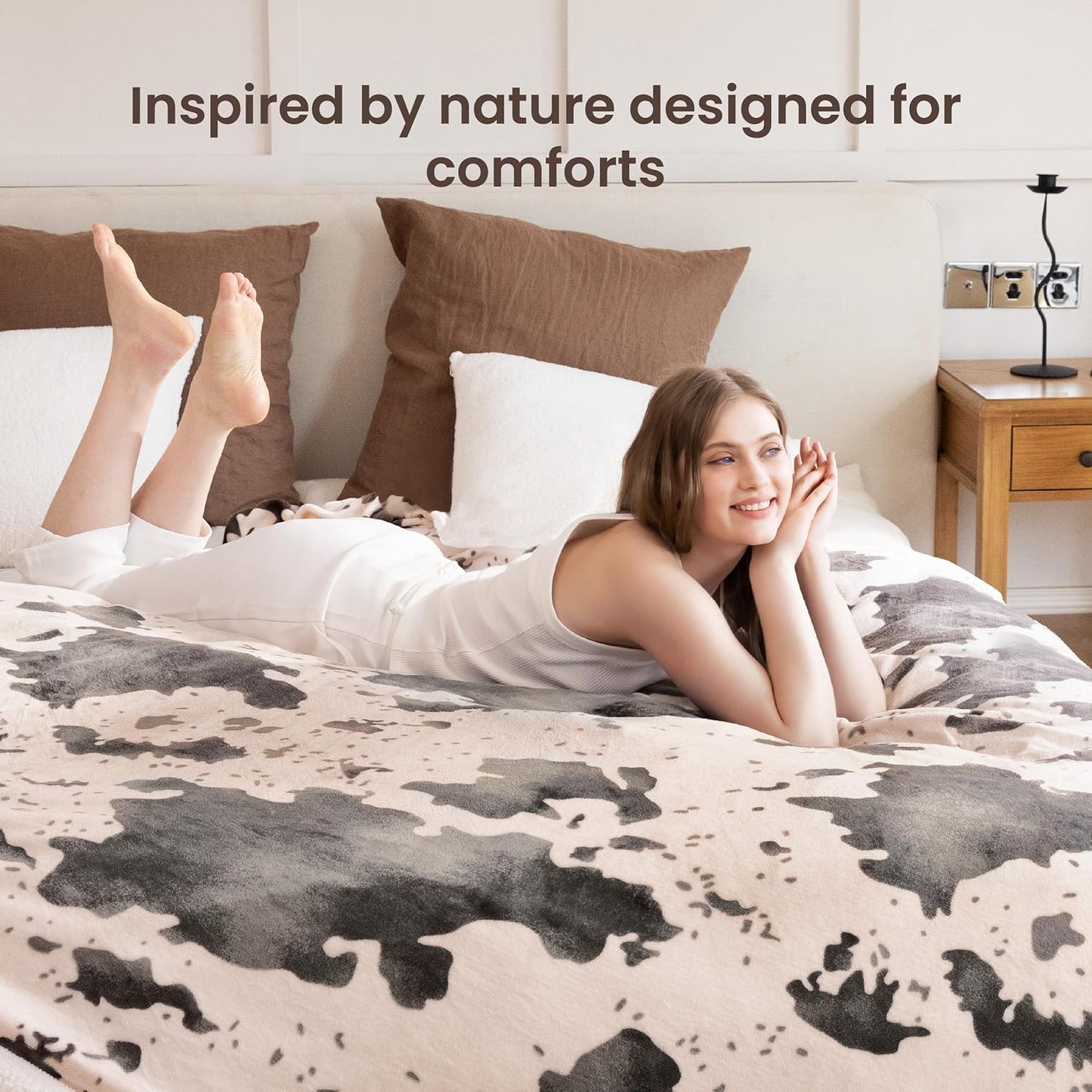 Cow Print Heated Electric Blanket King Size-Dual Control Heating Blanket King Size with 10 Heat Levels & 10 Hours Auto-Off, Cozy Soft Fleece Sherpa, Washable, 90x100 Inche Light Coral