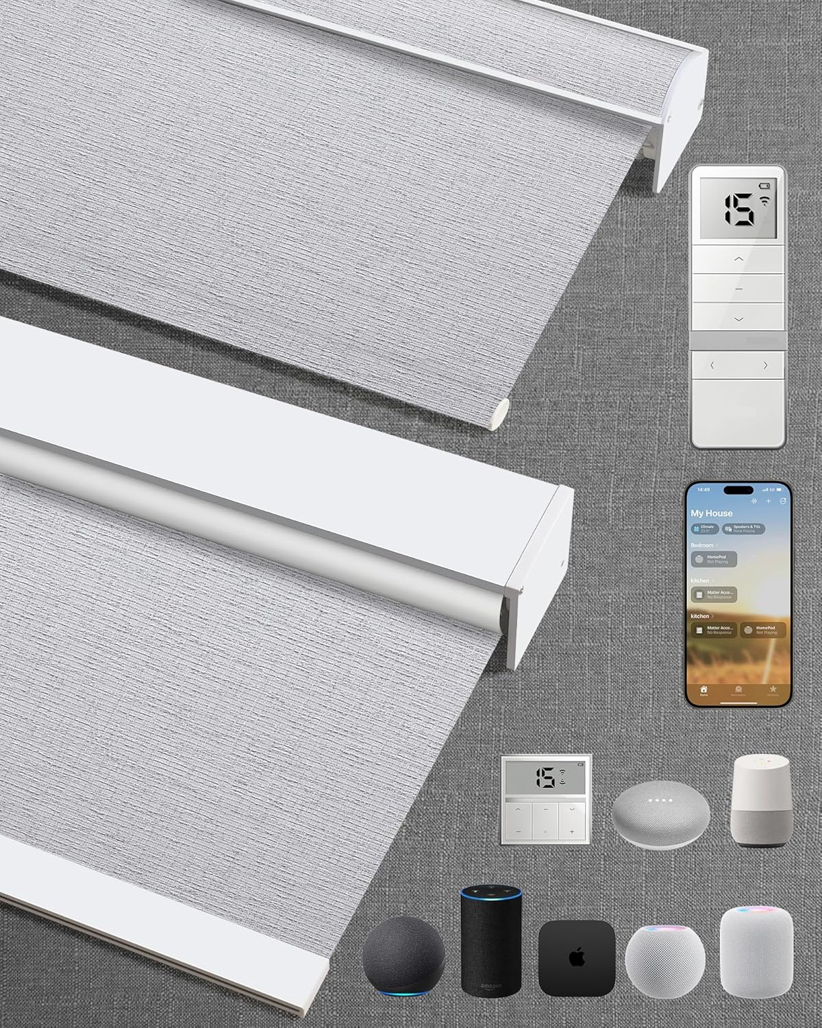 Kincmo Motorized Blinds with Remote,100% Blackout Motorized Roller Shades Work with Apple Homekit,Alexa,Google, Custom Electric Blinds with App,Voice Control (Classic Smoke)
