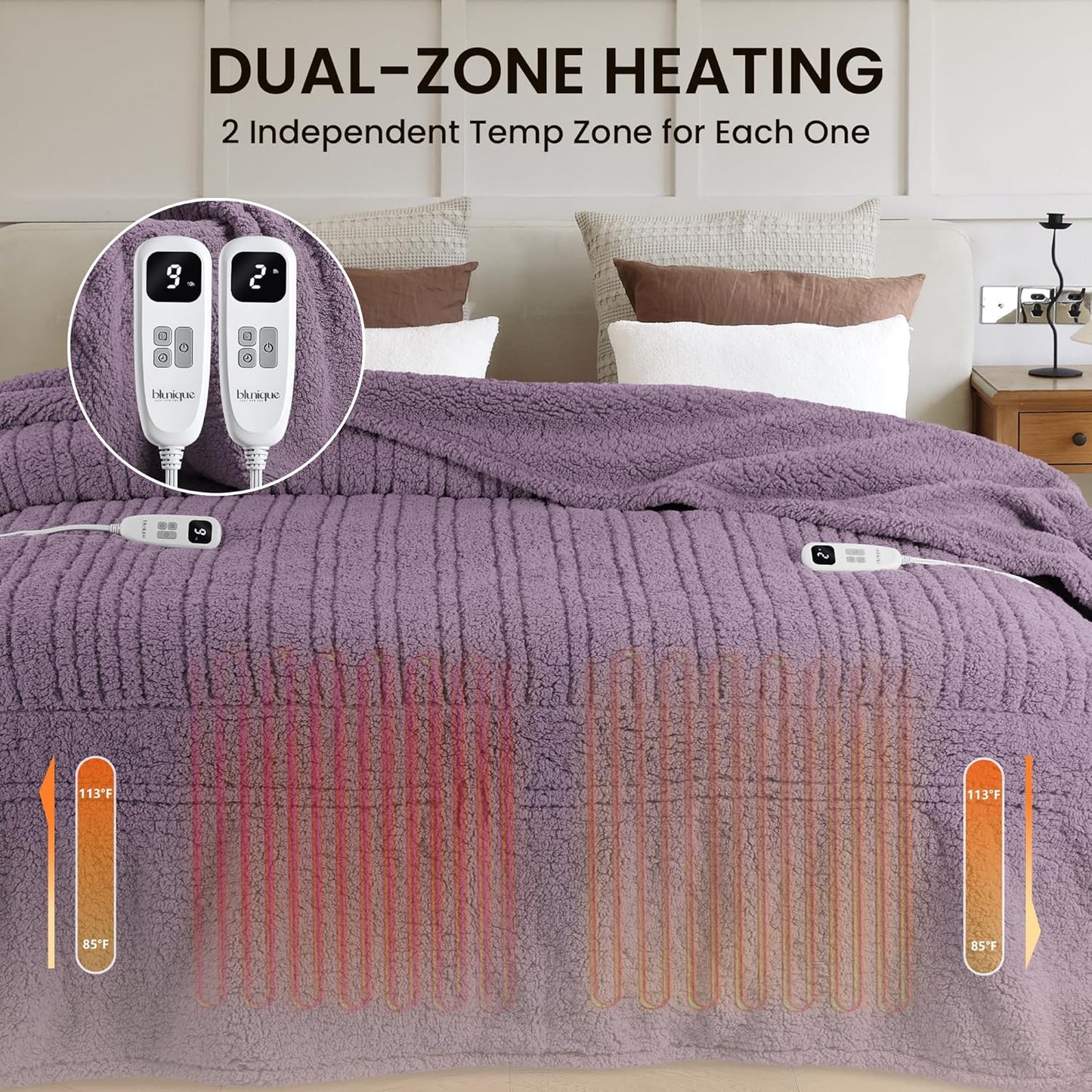 Heated Blanket Electric Blanket King - Fast Heating Blanket Throw Dual Control Double Sided Sherpa with 10 Heating Levels & 2-10 Hours Auto Off, Mashine Washable, 90 x 100 Inches, Purple