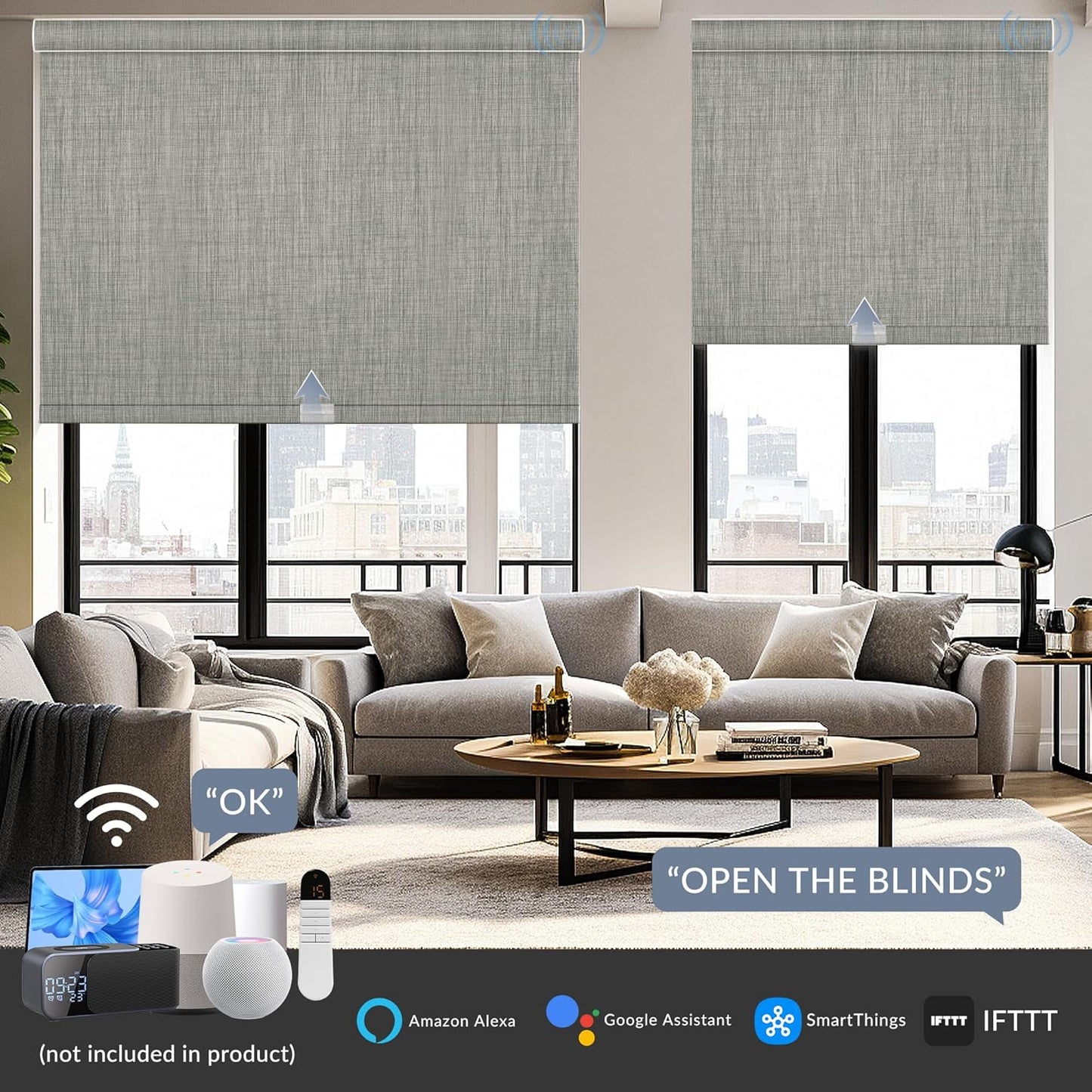 Boolegon Motorized Roller Blinds - 100% Blackout Smart Electric Shades with Remote, Compatible with Alexa/Google Home/HomeKit via Hub, Easy Install for Home Office, Light Grey, Custom Size.